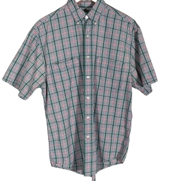 Eddie Bauer Micro Plaid Shirt Button Up Short Sleeve Collar Red Green White S - Picture 1 of 6